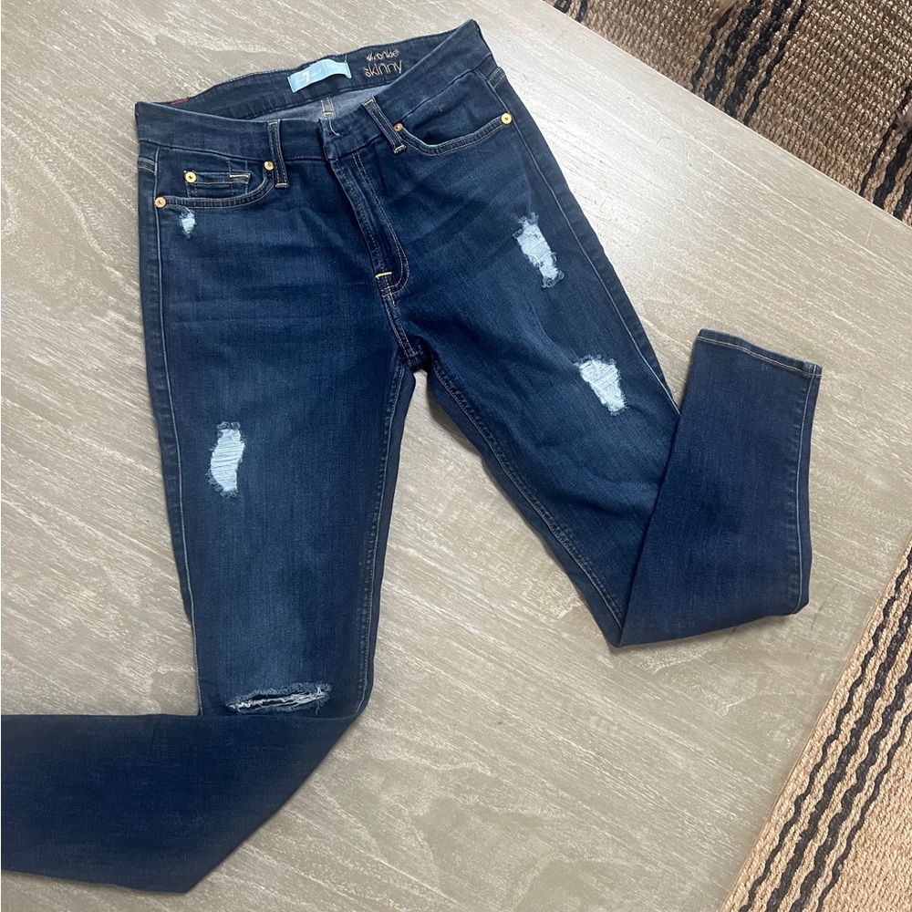Seven for All Man Kind, The Ankle Skinny distressed stretch jeans. Ankle length.